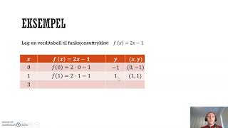 Lineær funksjon Fra funksjonsuttrykk til verditabell [upl. by Yblek523]