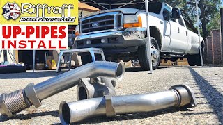 2001 F350 73  RiffRaff UpPipes Install  Stock up pipes leaking and falling apart JUNK SP [upl. by Schonfeld568]